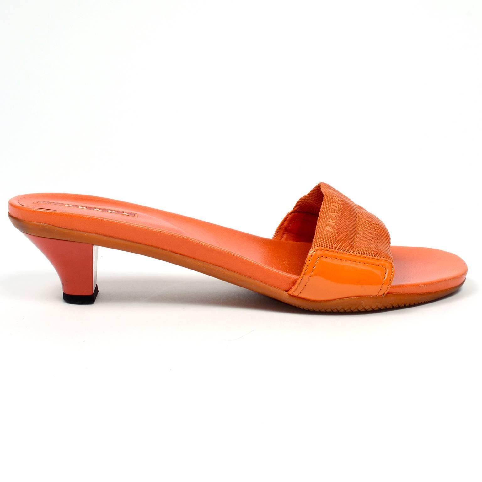 Orange Prada Shoes Slip on Summer Sandals Size 38 Logo Webbing & Rubber Soles In Excellent Condition In Portland, OR