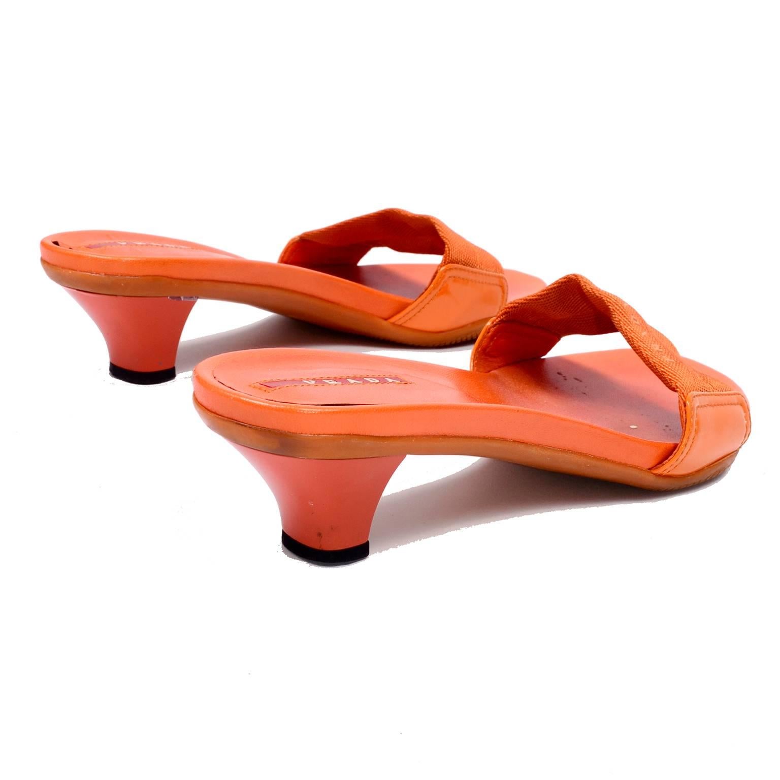 Orange Prada Shoes Slip on Summer Sandals Size 38 Logo Webbing & Rubber Soles 3