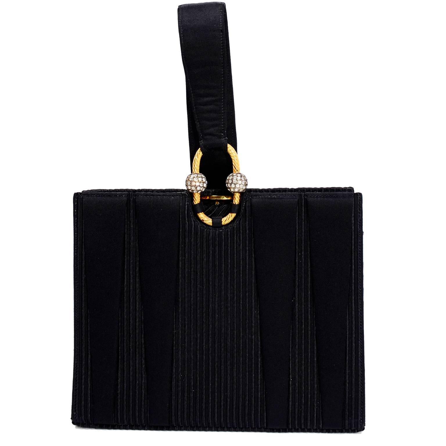Vintage Custom Martin Van Schaak Black Satin Top Handle Handbag Evening Bag 