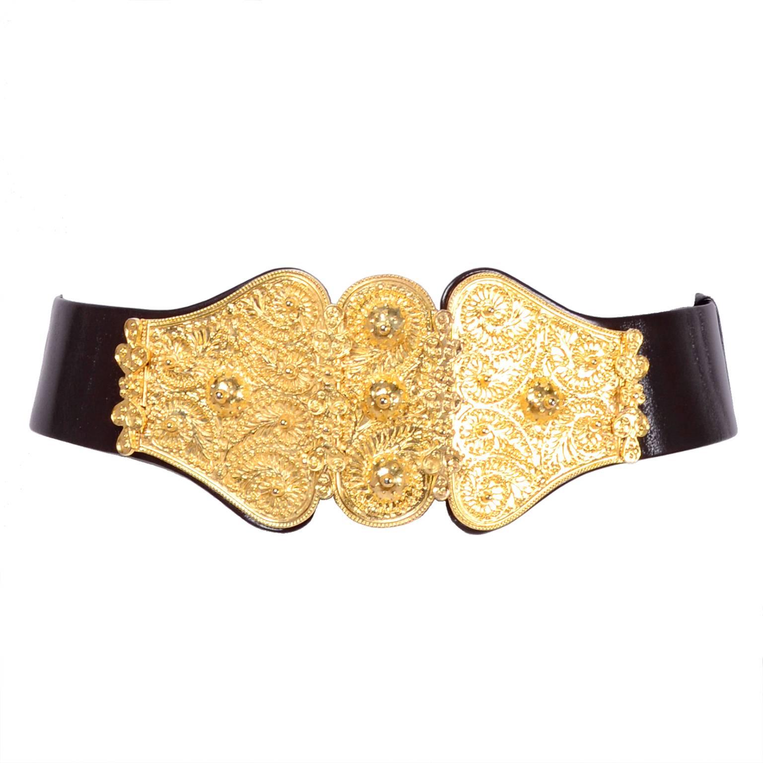 1980s Judith Leiber Black Leather Belt With Gold Buckle & Adjustable Size