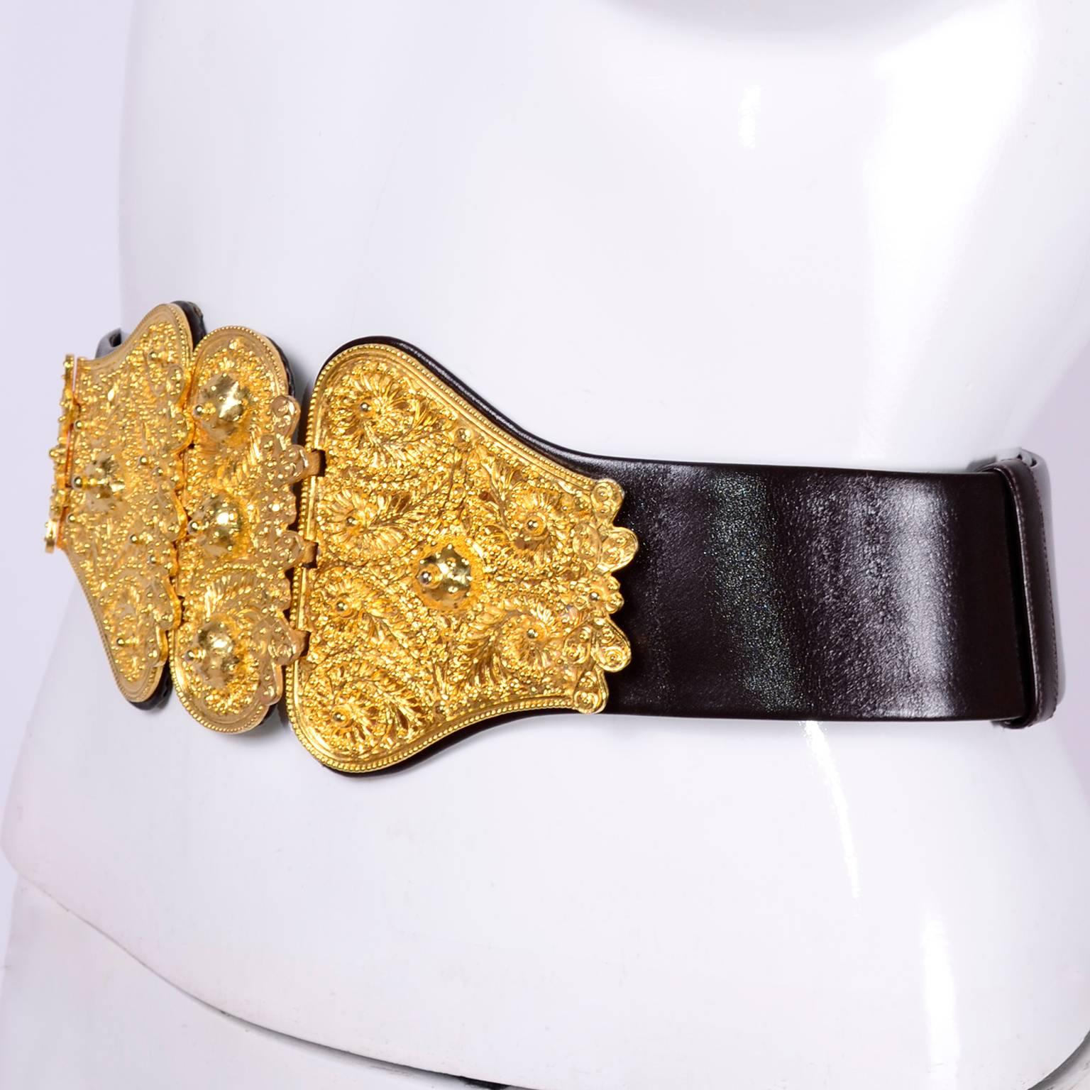 1980s Judith Leiber Black Leather Belt With Gold Buckle & Adjustable Size 3
