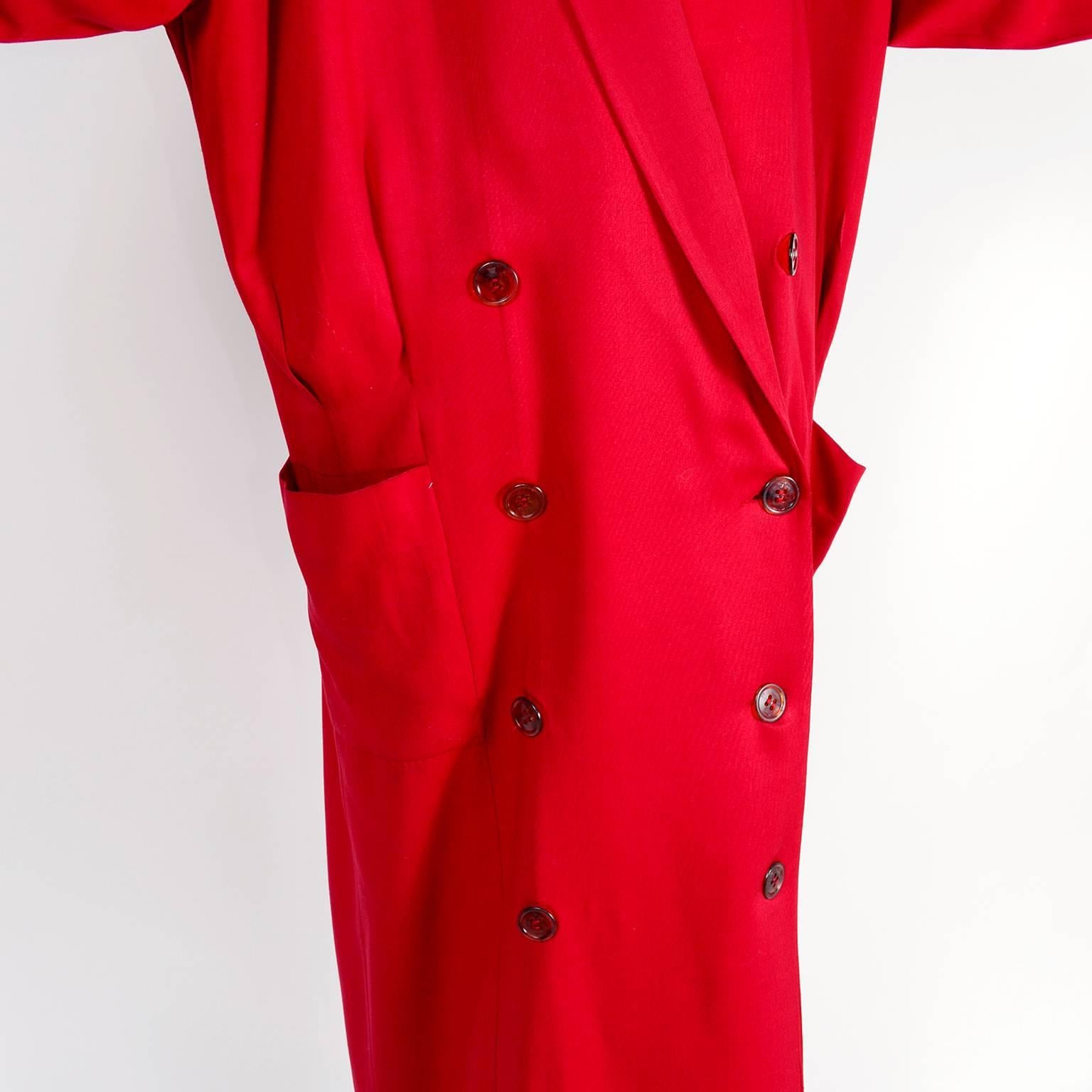 1980s Norma Kamali Red Coat Oversized Double Breasted With Pockets Size 8 3