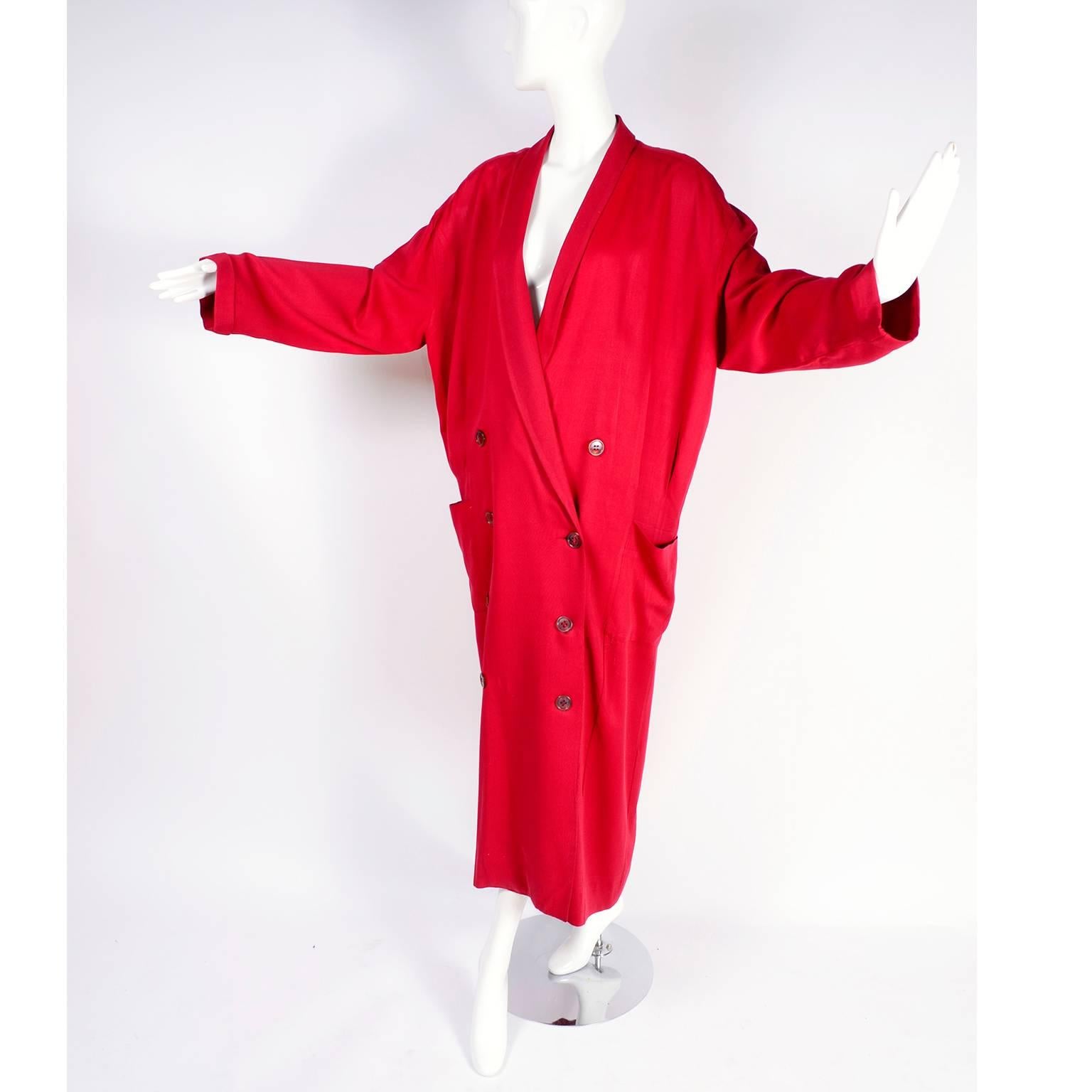 1980s Norma Kamali Red Coat Oversized Double Breasted With Pockets Size 8 4