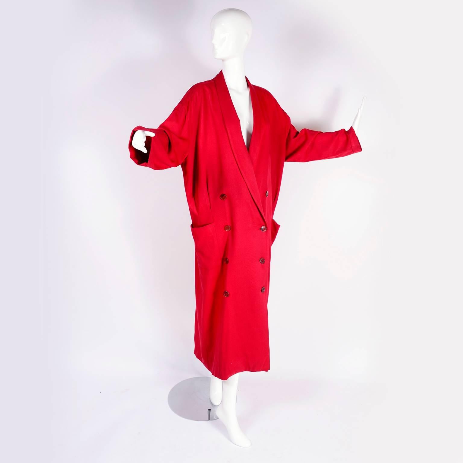 1980s Norma Kamali Red Coat Oversized Double Breasted With Pockets Size 8 6