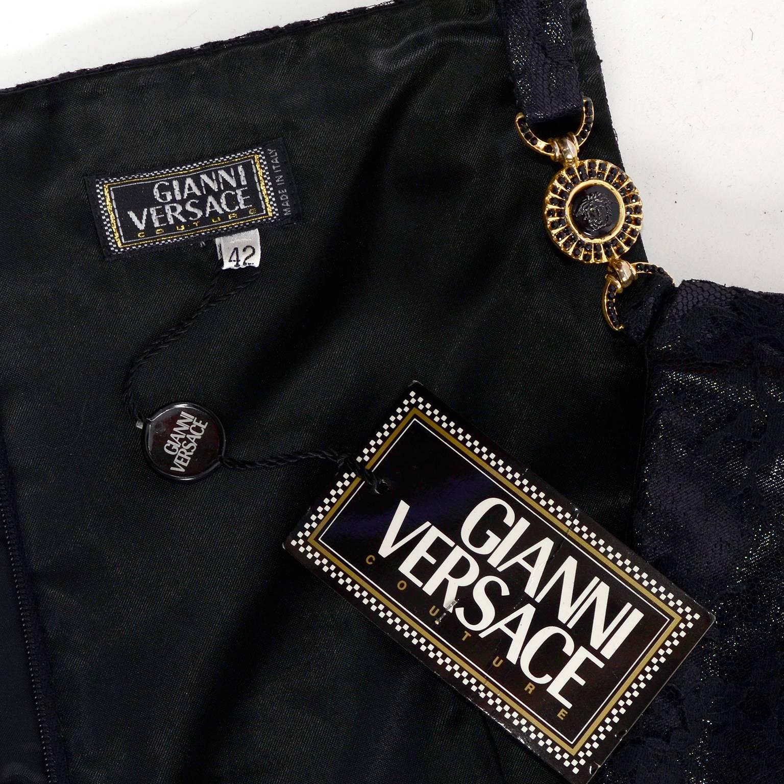 1996 Deadstock Gianni Versace Black Lace Metallic Dress w Medusa Buckles & Tags 4