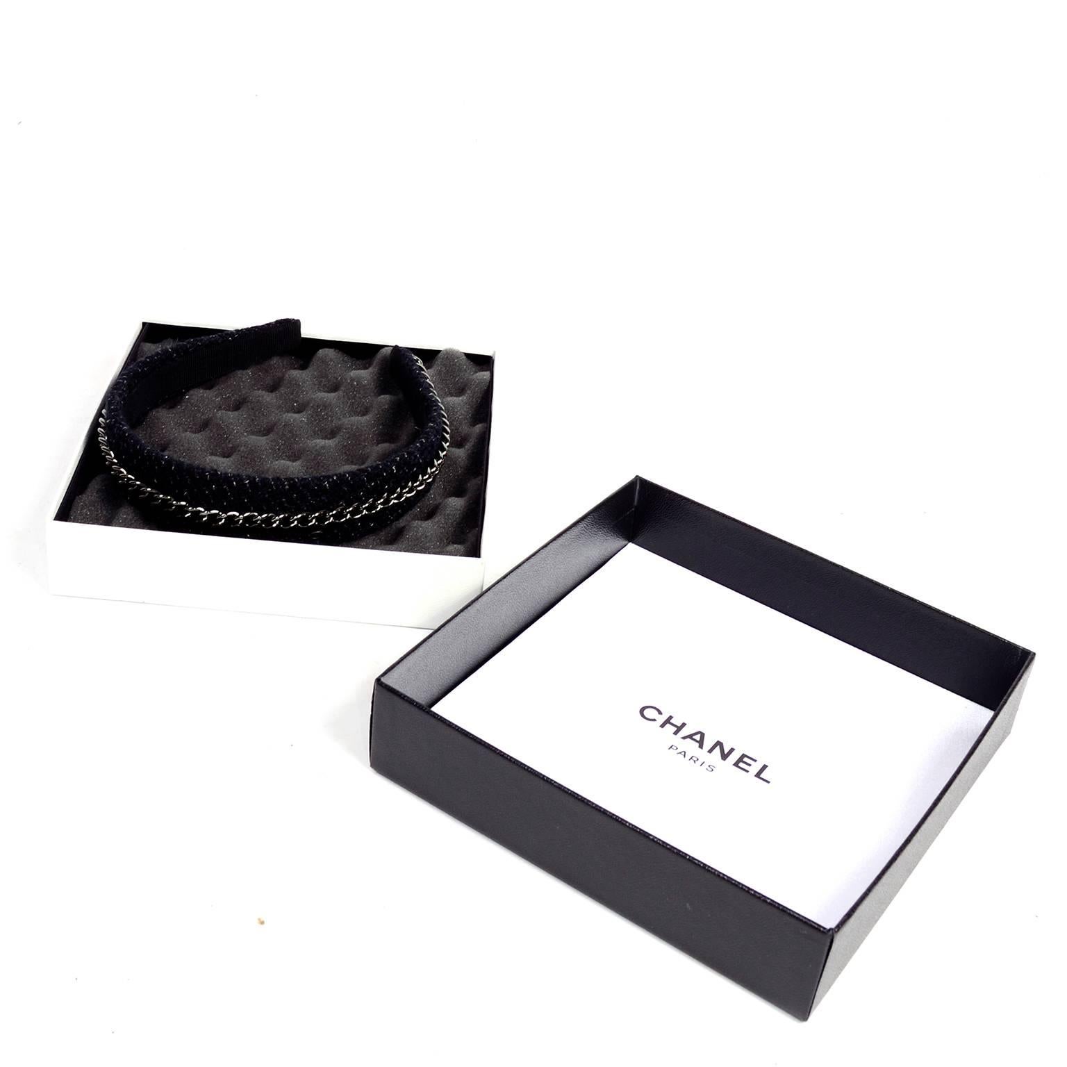 Chanel Headband in Black Charcoal Tweed W/ Chain & CC Monogram & Original Box In New Condition In Portland, OR