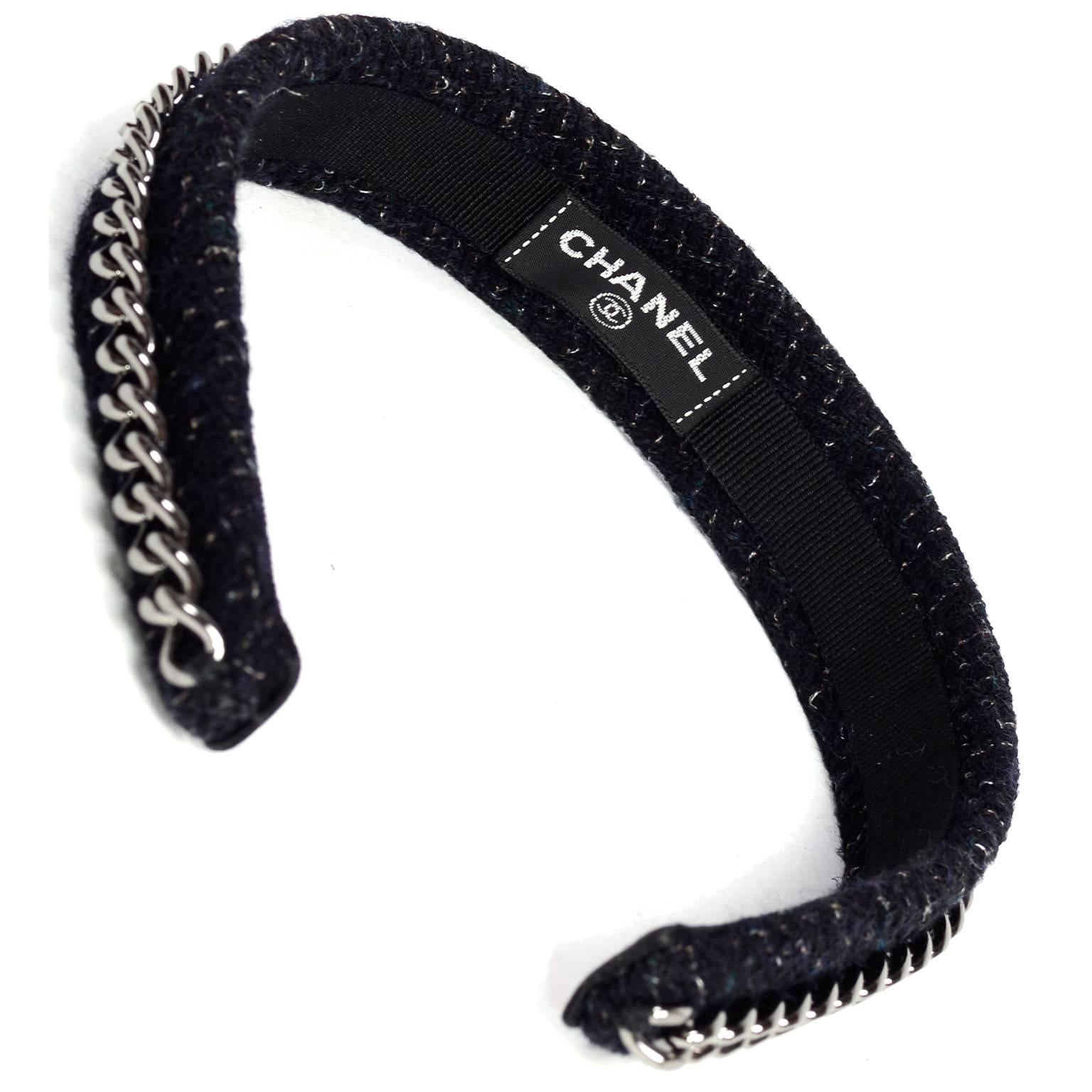 Women's Chanel Headband in Black Charcoal Tweed W/ Chain & CC Monogram & Original Box