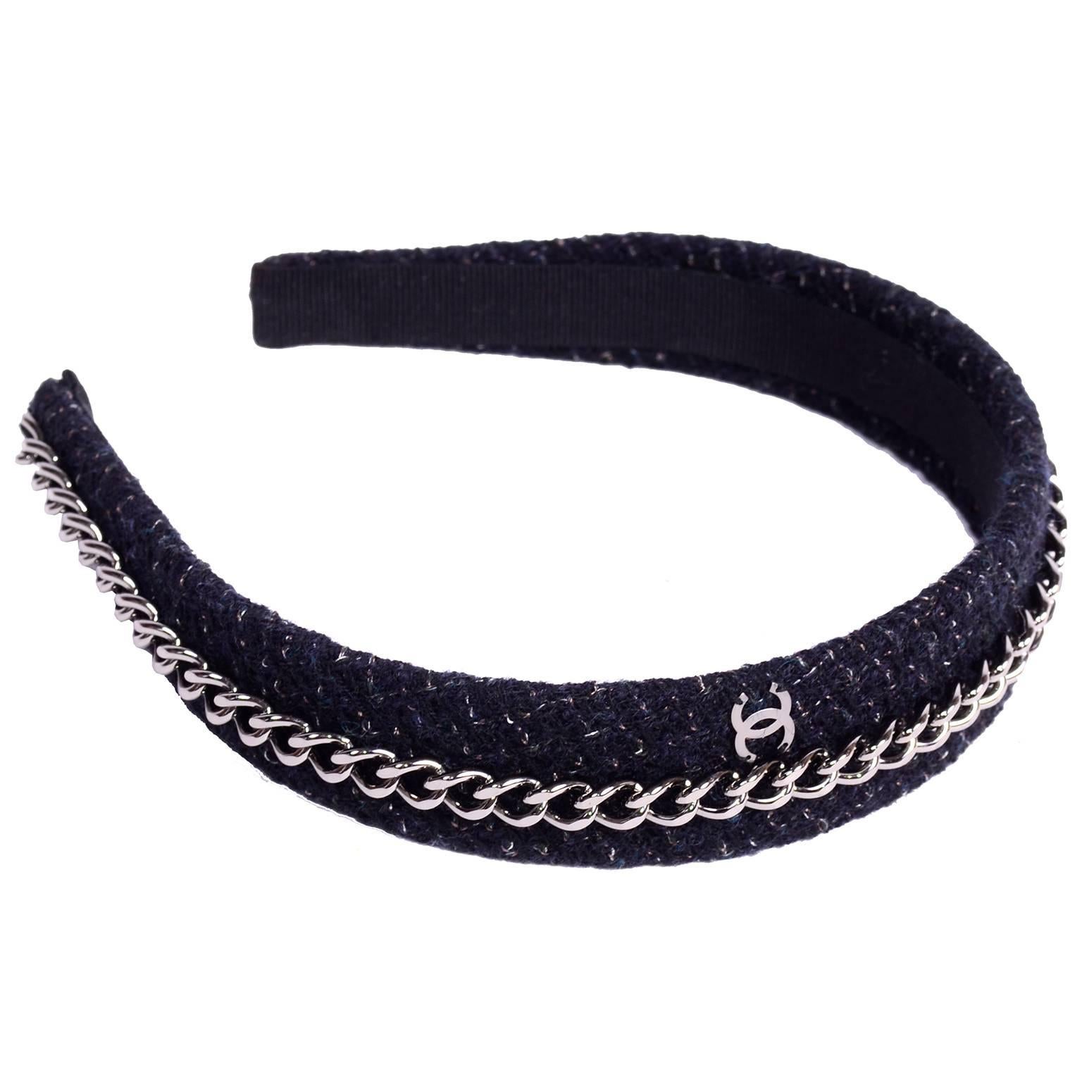 Chanel Headband in Black Charcoal Tweed W/ Chain & CC Monogram & Original  Box