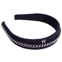 Chanel Headband in Black Charcoal Tweed W/ Chain & CC Monogram & Original Box