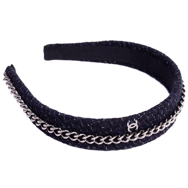 Chanel Headband in Black Charcoal Tweed W/ Chain and CC Monogram and  Original Box at 1stDibs