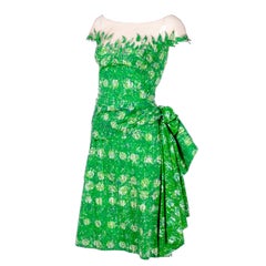 1950s Vintage Peggy Hunt Dress in Green Print W Leaf Applque & Illusion Bodice