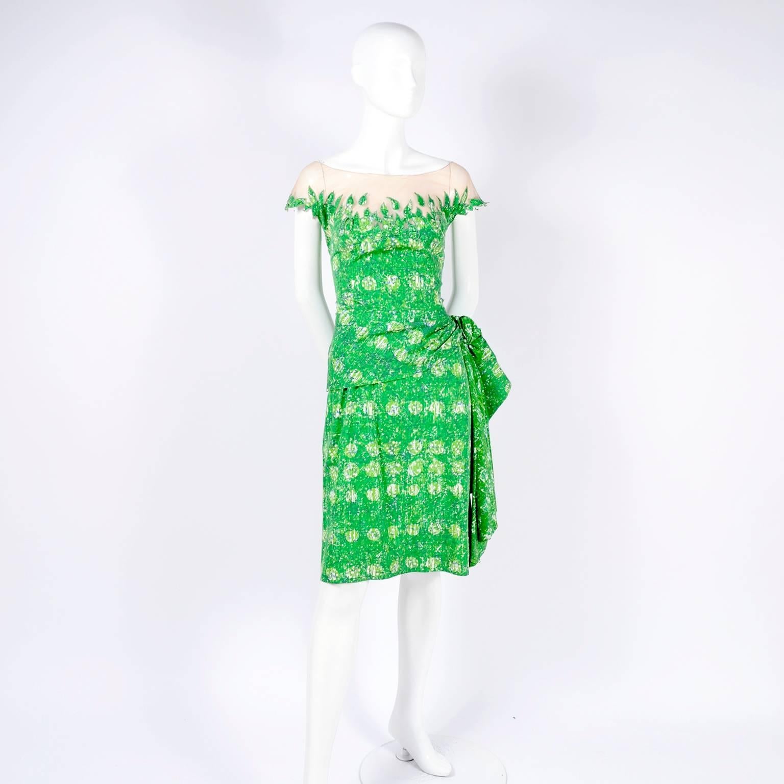 1950s Vintage Peggy Hunt Dress in Green Print W Leaf Applque & Illusion Bodice 1