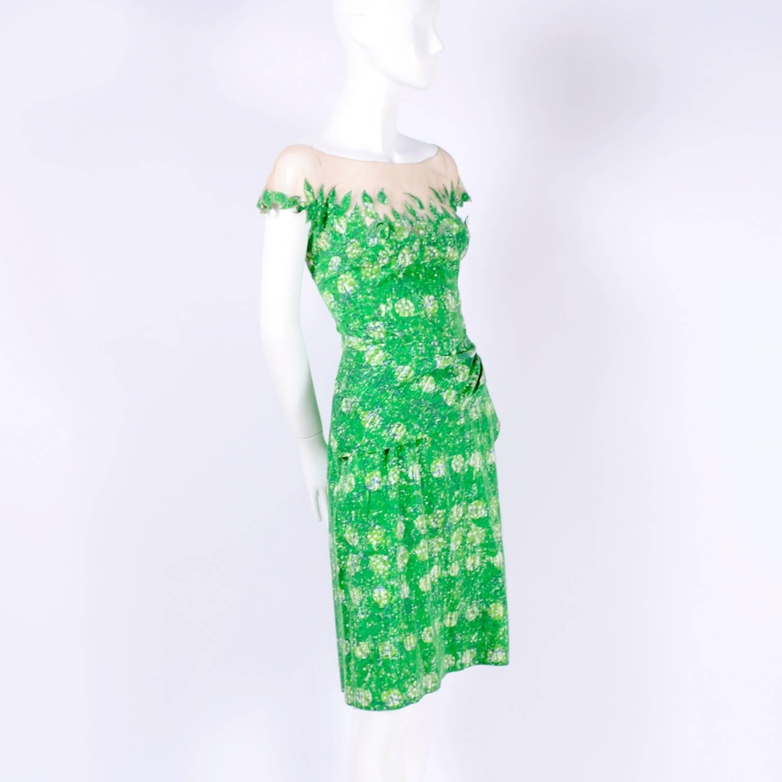 1950s Vintage Peggy Hunt Dress in Green Print W Leaf Applque & Illusion Bodice 7