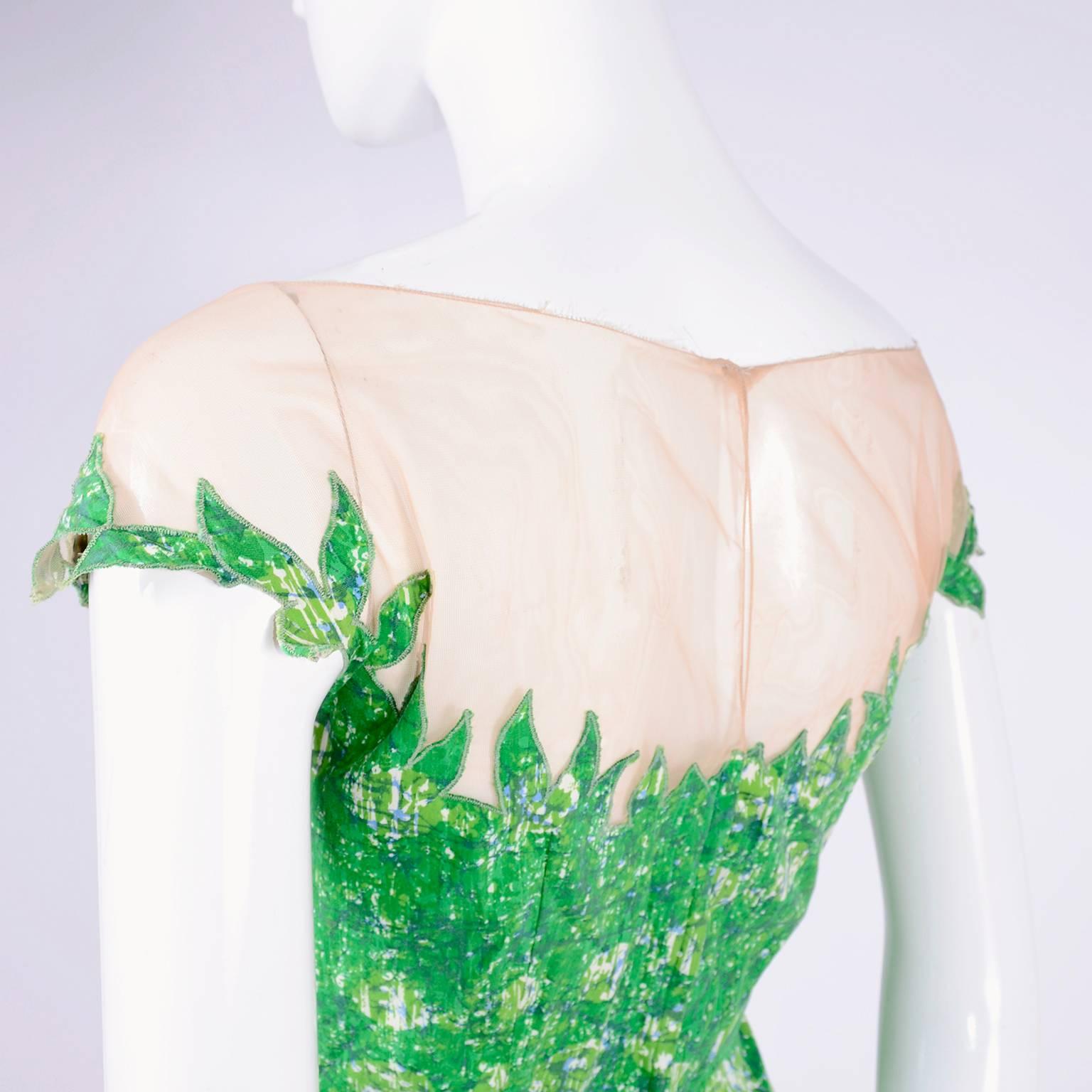 1950s Vintage Peggy Hunt Dress in Green Print W Leaf Applque & Illusion Bodice 2
