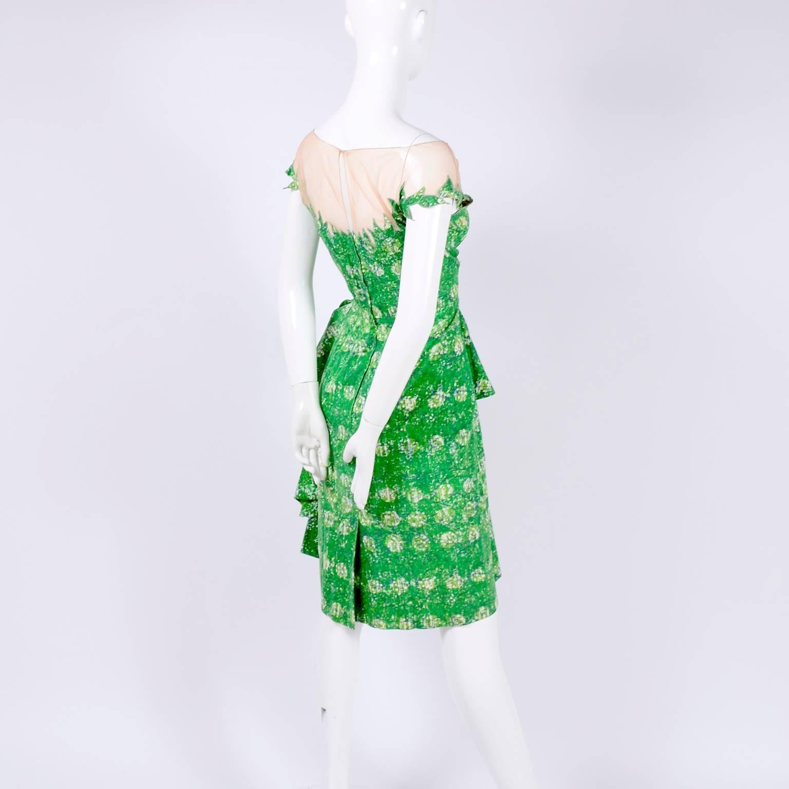 1950s Vintage Peggy Hunt Dress in Green Print W Leaf Applque & Illusion Bodice 3