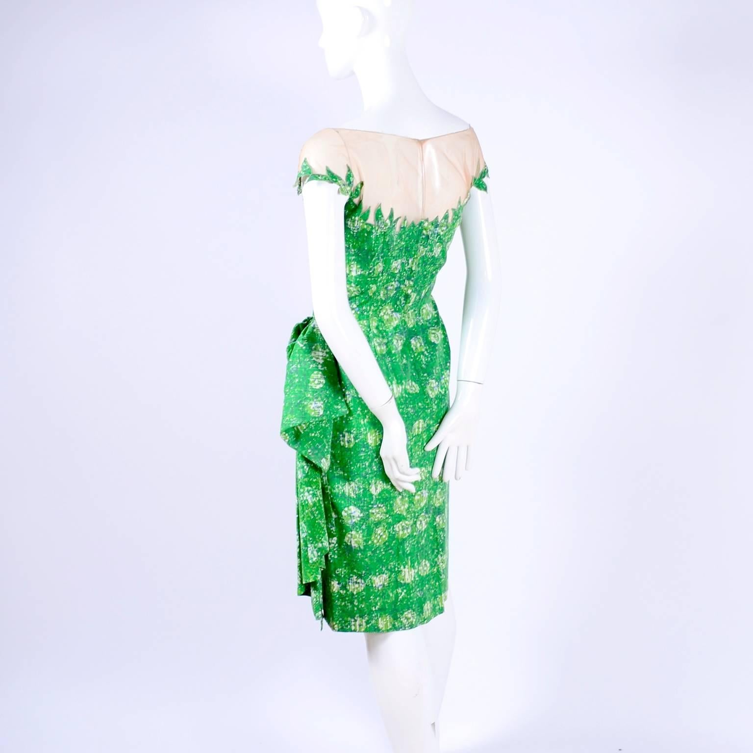 1950s Vintage Peggy Hunt Dress in Green Print W Leaf Applque & Illusion Bodice 4