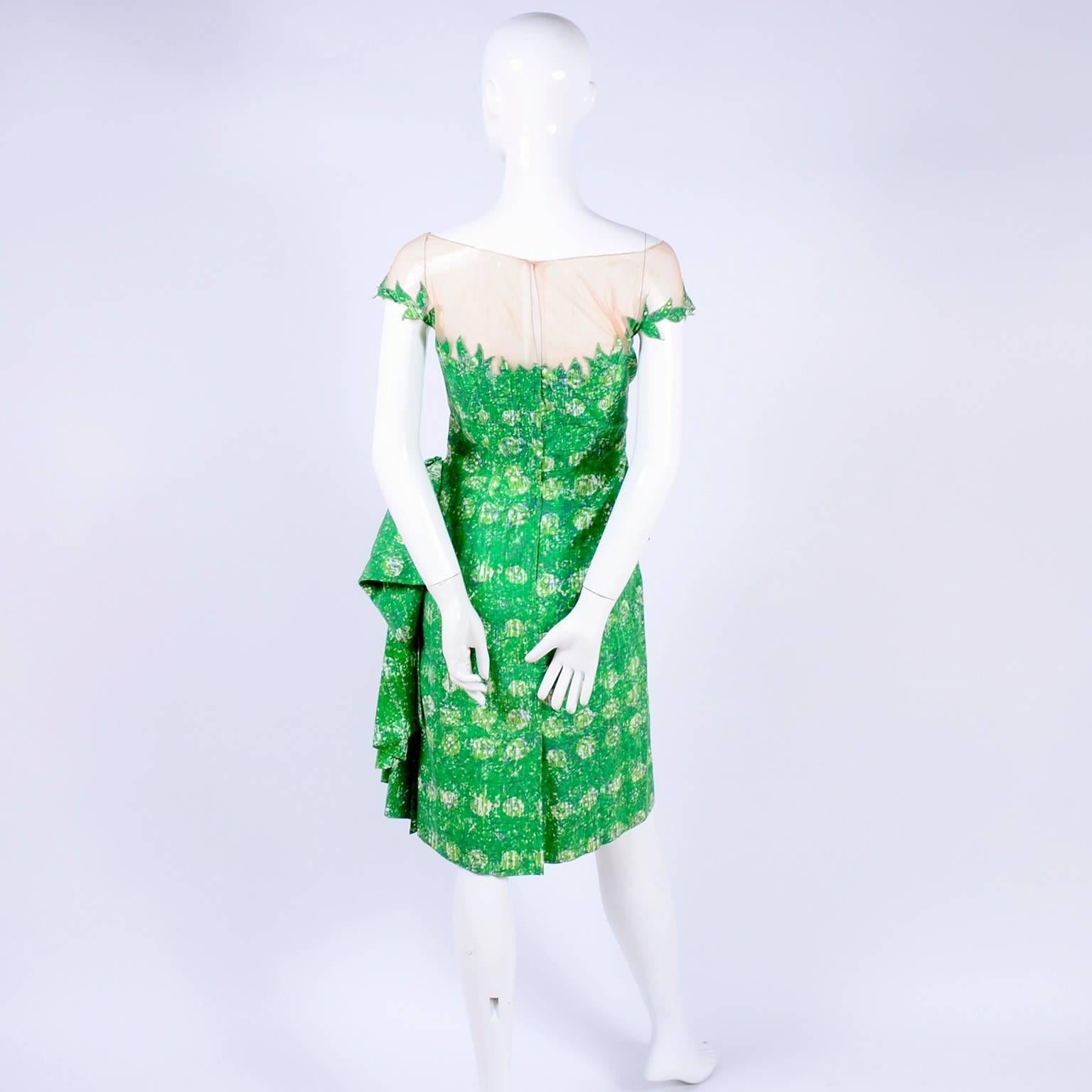 1950s Vintage Peggy Hunt Dress in Green Print W Leaf Applque & Illusion Bodice 5