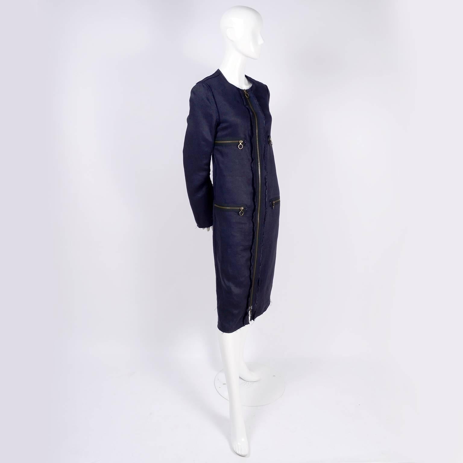 Lanvin Dress or Coat in Indigo Blue Linen w/ Exposed Seams & Raw Hem Alber Elbaz In Excellent Condition In Portland, OR