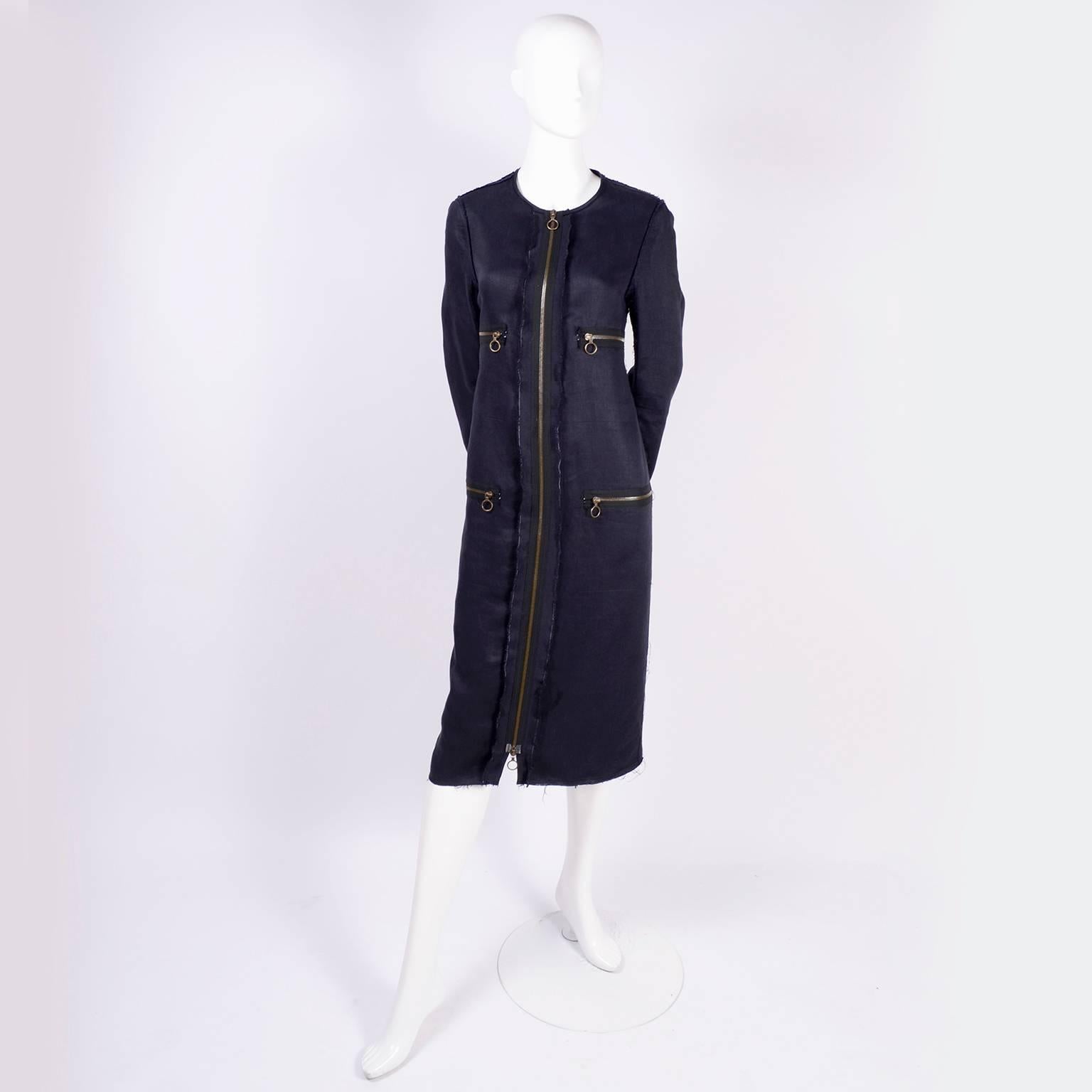 Lanvin Dress or Coat in Indigo Blue Linen w/ Exposed Seams & Raw Hem Alber Elbaz 5
