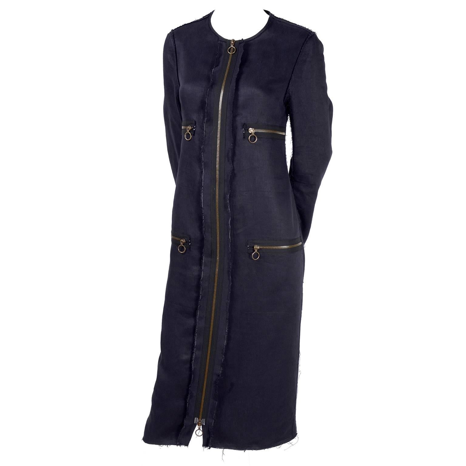 Lanvin Dress or Coat in Indigo Blue Linen w/ Exposed Seams & Raw Hem Alber Elbaz