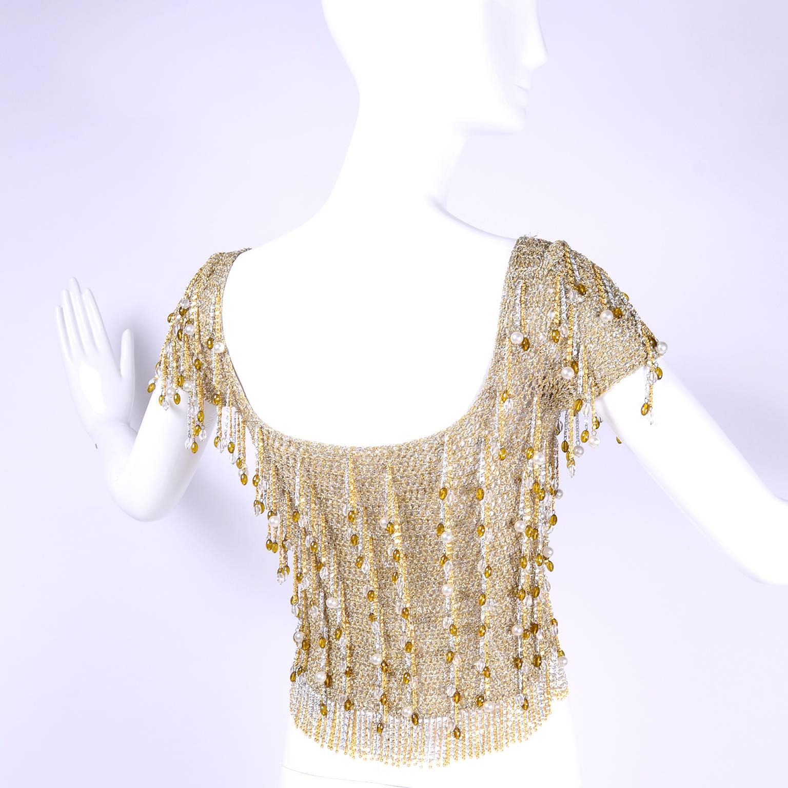1970s Vintage Loris Azzaro Beaded Silver & Gold Metallic Crochet Top with Chains For Sale 2