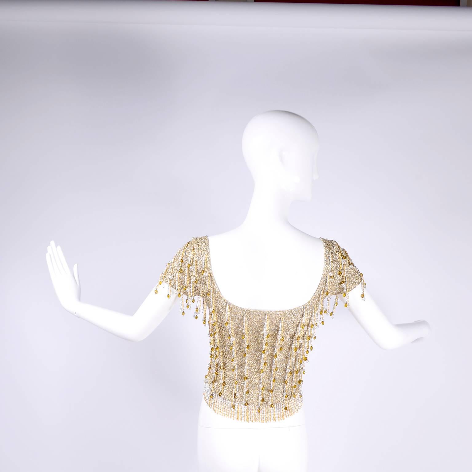 Beige 1970s Vintage Loris Azzaro Beaded Silver & Gold Metallic Crochet Top with Chains For Sale