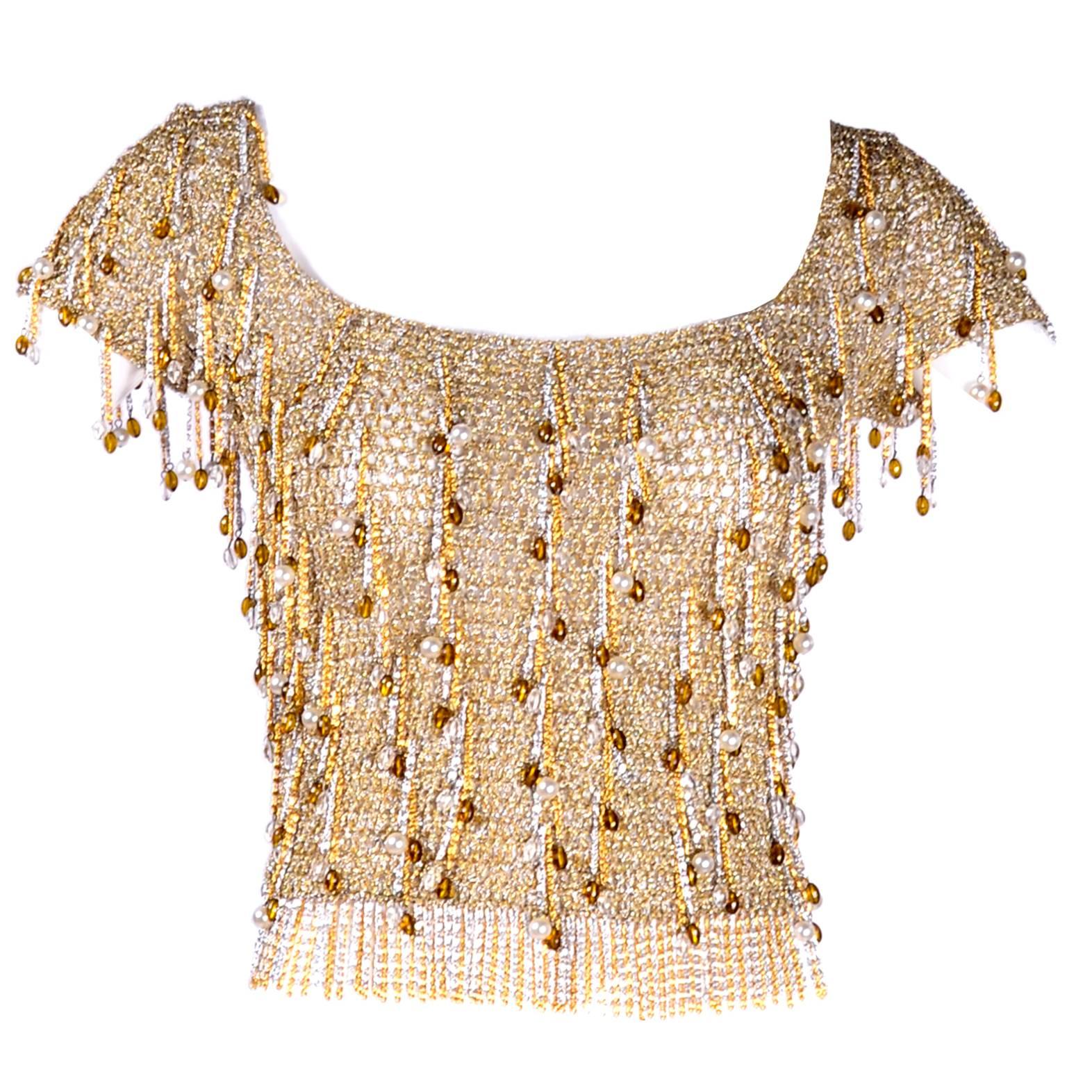 Loris Azzaro Beaded Silver and Gold Metallic Crochet Top with Chains, 1970s