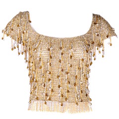 1970s Vintage Loris Azzaro Beaded Silver & Gold Metallic Crochet Top with Chains