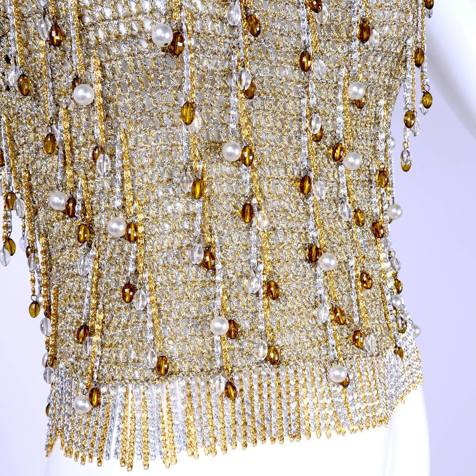1970s Vintage Loris Azzaro Beaded Silver & Gold Metallic Crochet Top with Chains For Sale 1
