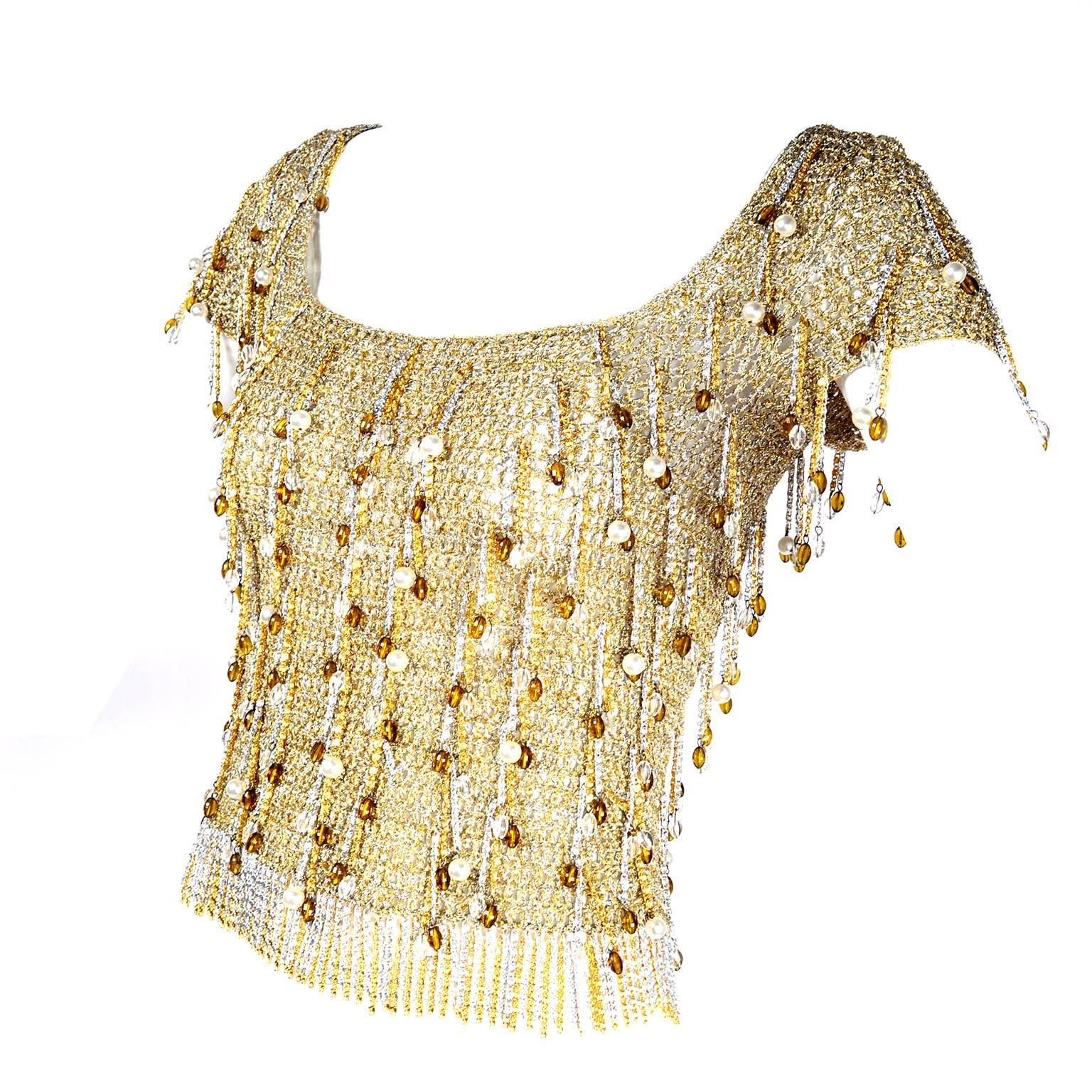 1970s Vintage Loris Azzaro Beaded Silver & Gold Metallic Crochet Top with Chains For Sale 4