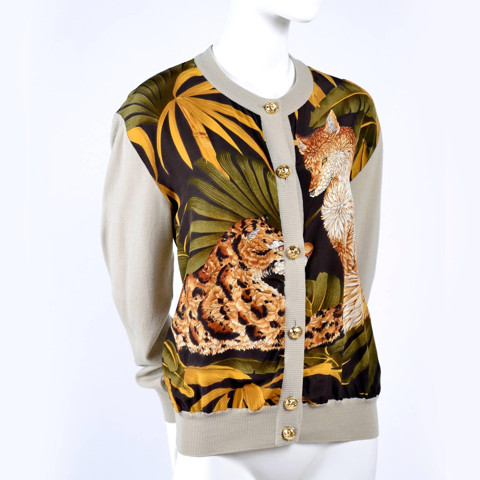 Salvatore Ferragamo Vintage Silk Scarf Print Cardigan Sweater W Animals & Leaves 7