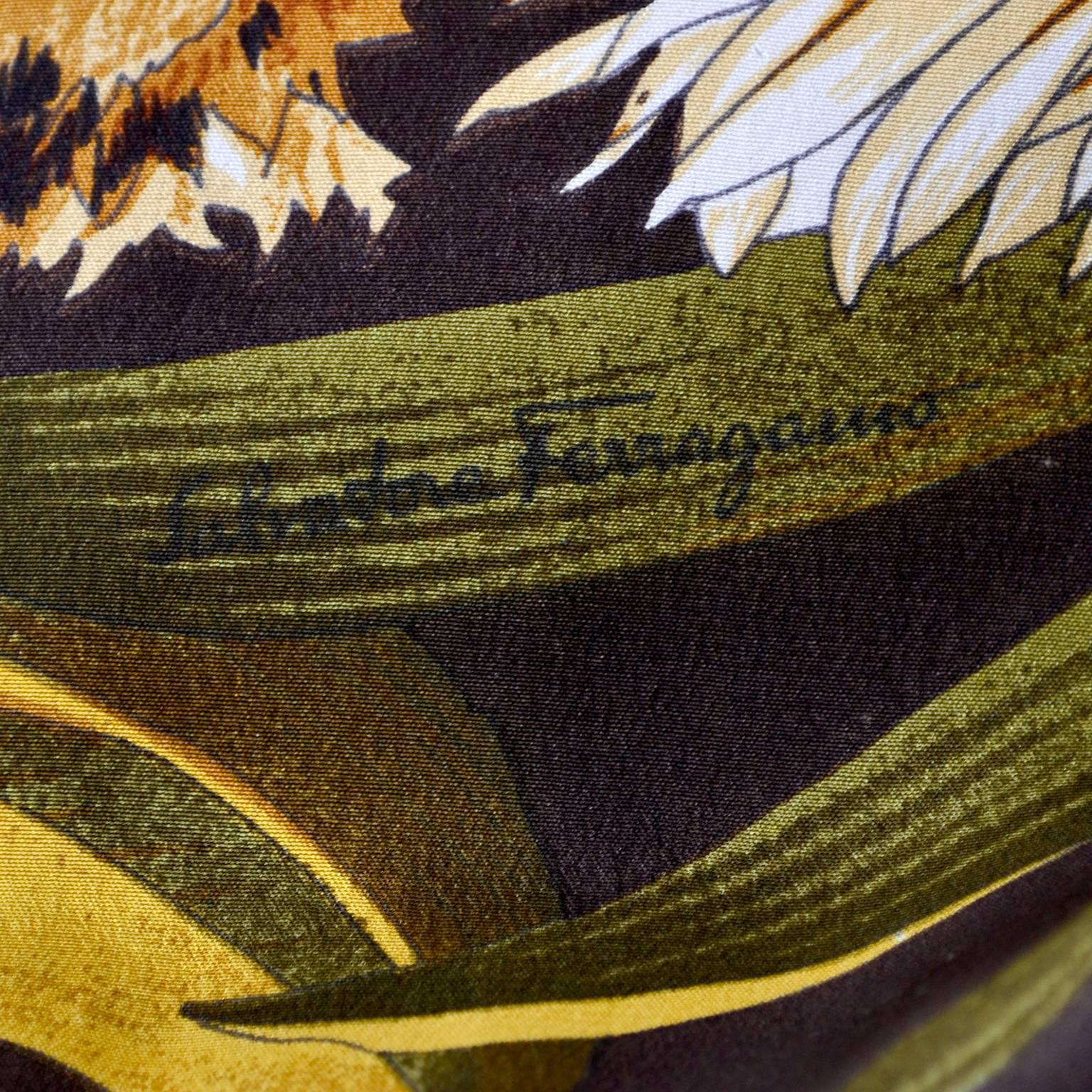 Salvatore Ferragamo Vintage Silk Scarf Print Cardigan Sweater W Animals & Leaves In Excellent Condition In Portland, OR
