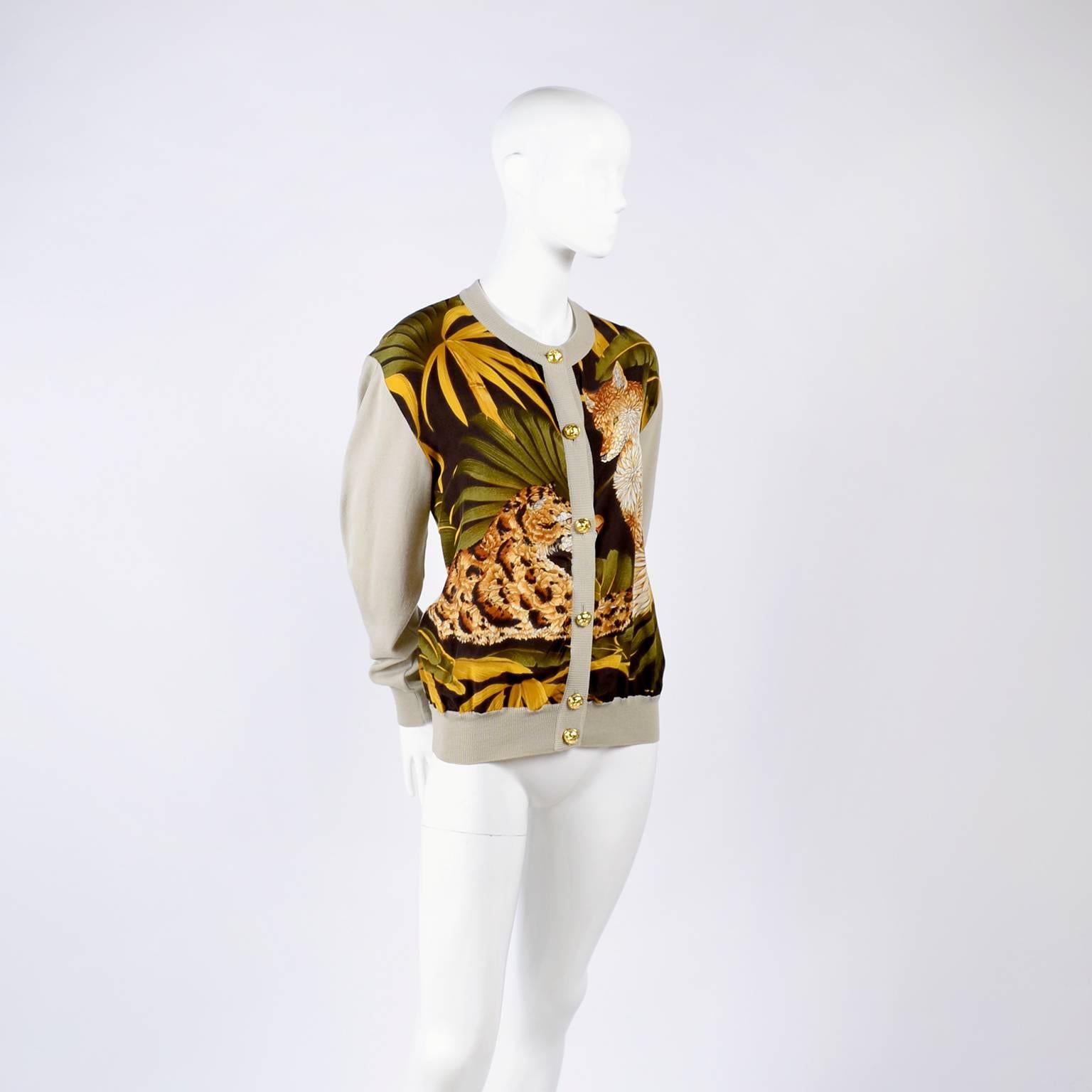 Women's Salvatore Ferragamo Vintage Silk Scarf Print Cardigan Sweater W Animals & Leaves