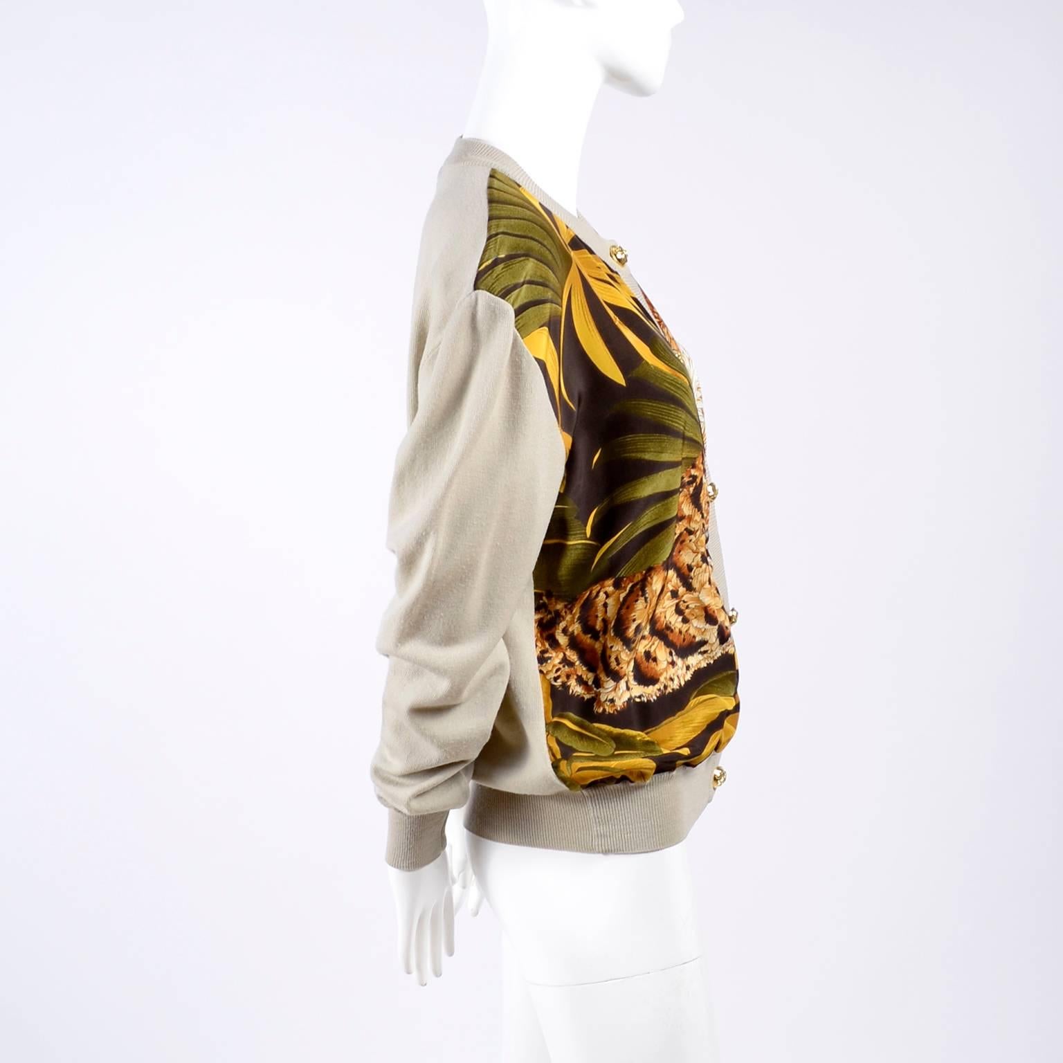 Salvatore Ferragamo Vintage Silk Scarf Print Cardigan Sweater W Animals & Leaves 3