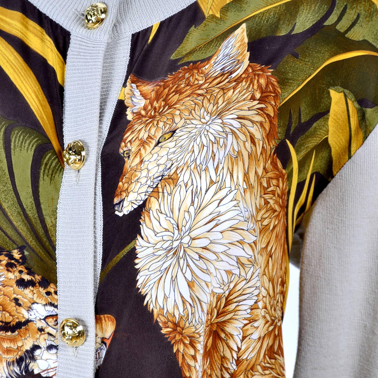 Salvatore Ferragamo Vintage Silk Scarf Print Cardigan Sweater W Animals & Leaves 4