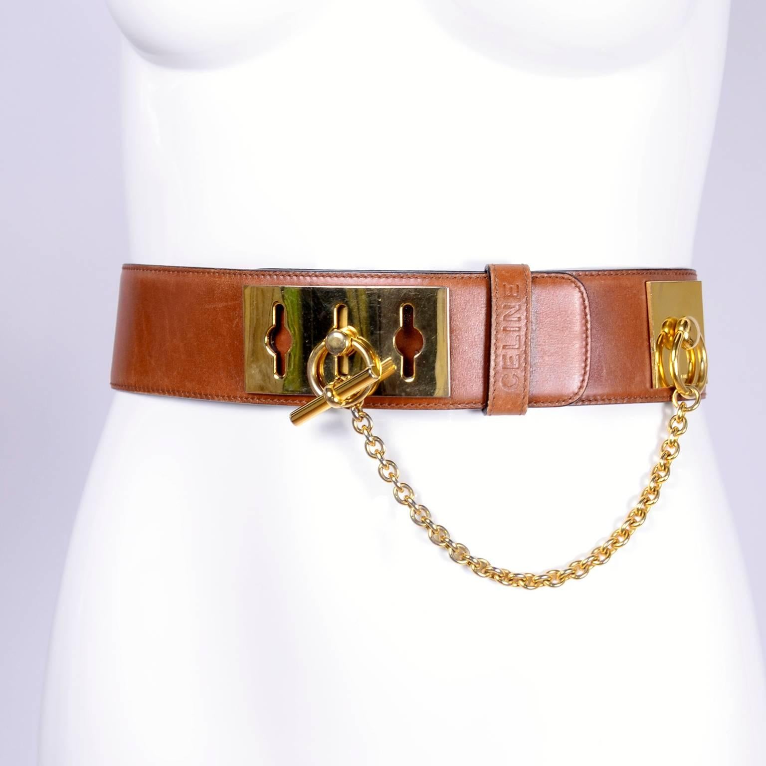 Women's Celine Belt in Caramel Brown Leather With Gold Chain & Metal Peg Toggle Closure