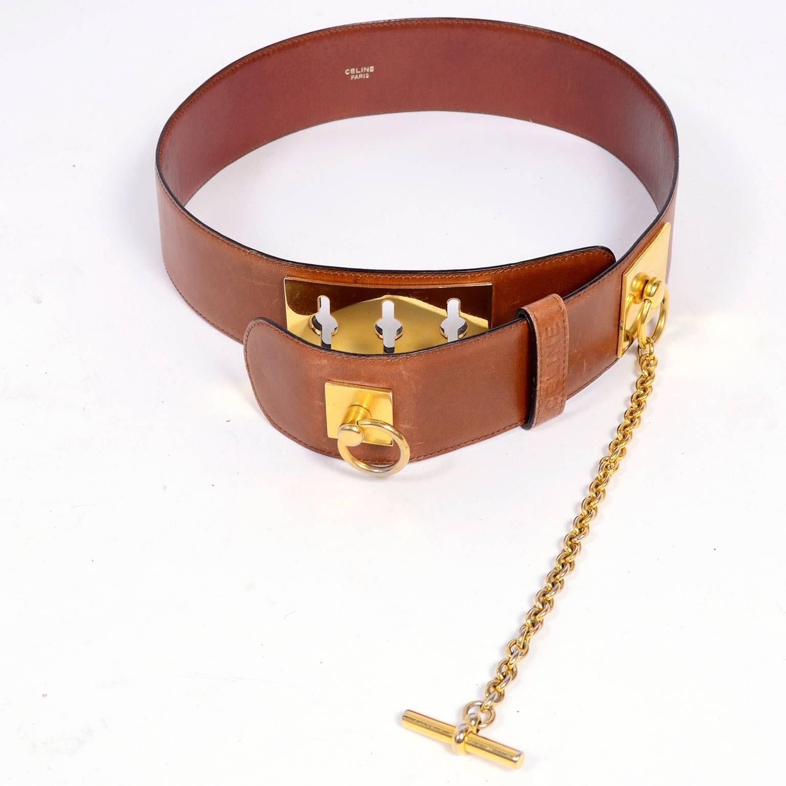 Celine Belt in Caramel Brown Leather With Gold Chain & Metal Peg Toggle Closure 3