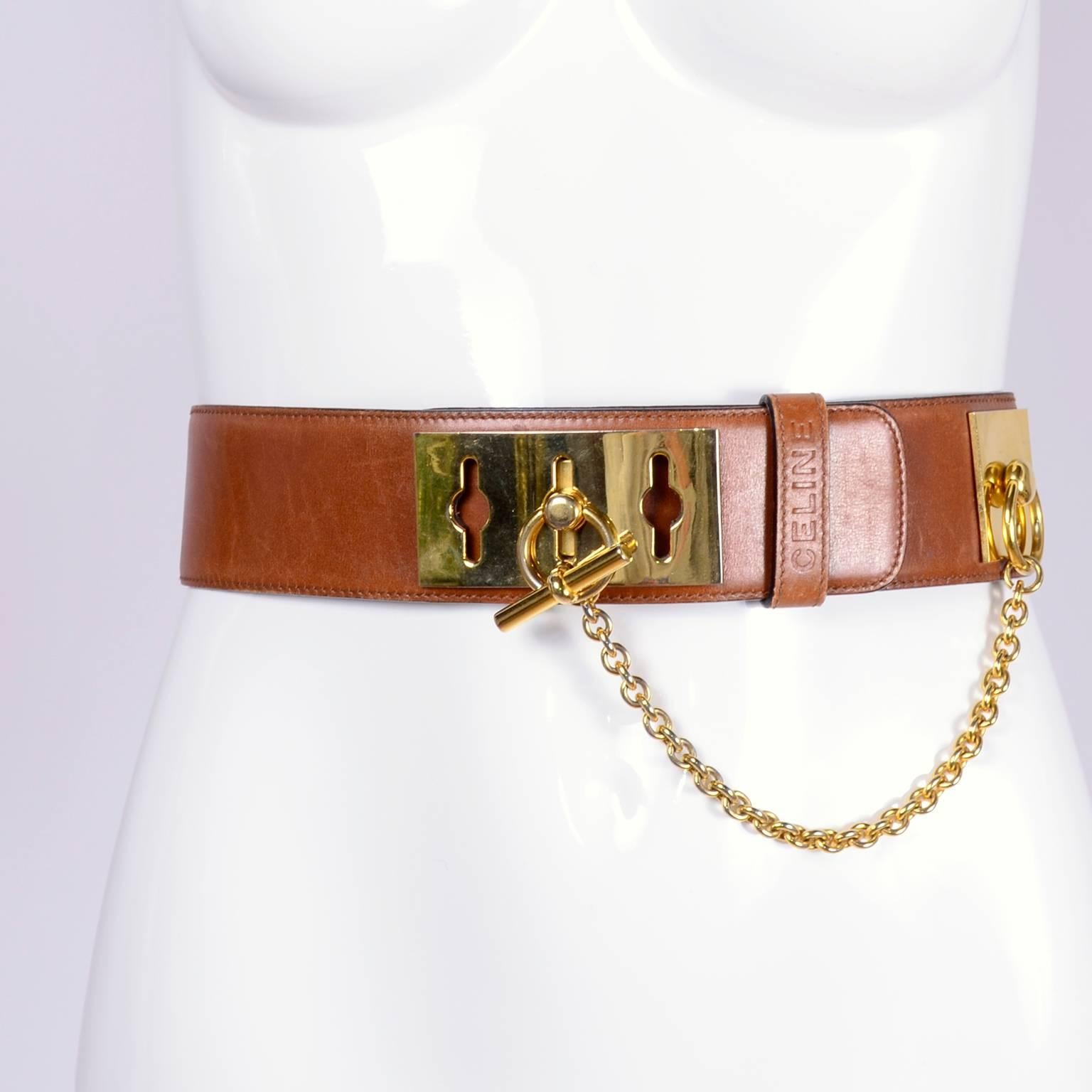 Celine Belt in Caramel Brown Leather With Gold Chain & Metal Peg Toggle Closure 1