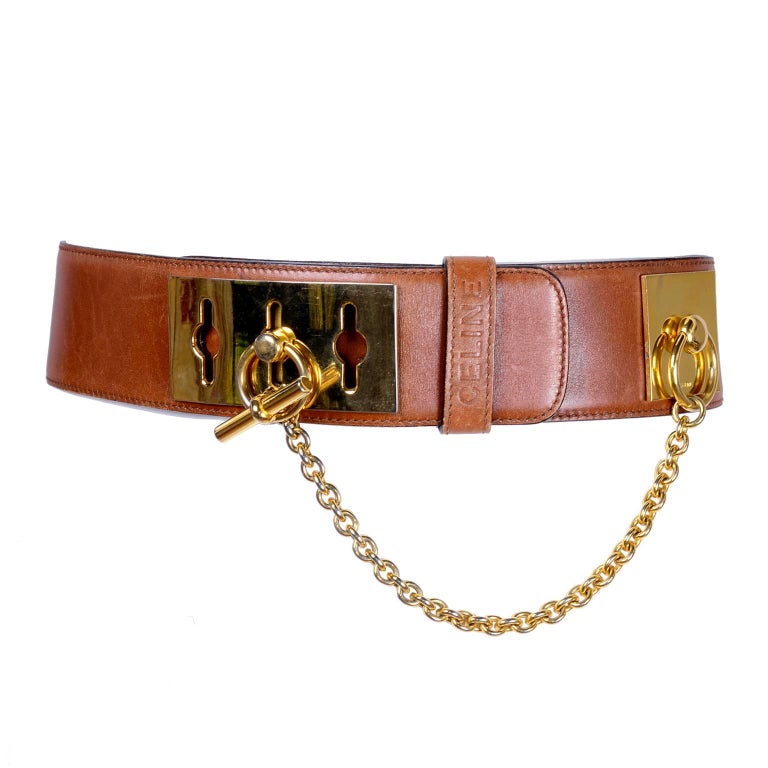 Celine Belt in Caramel Brown Leather With Gold Chain and Metal Peg ...