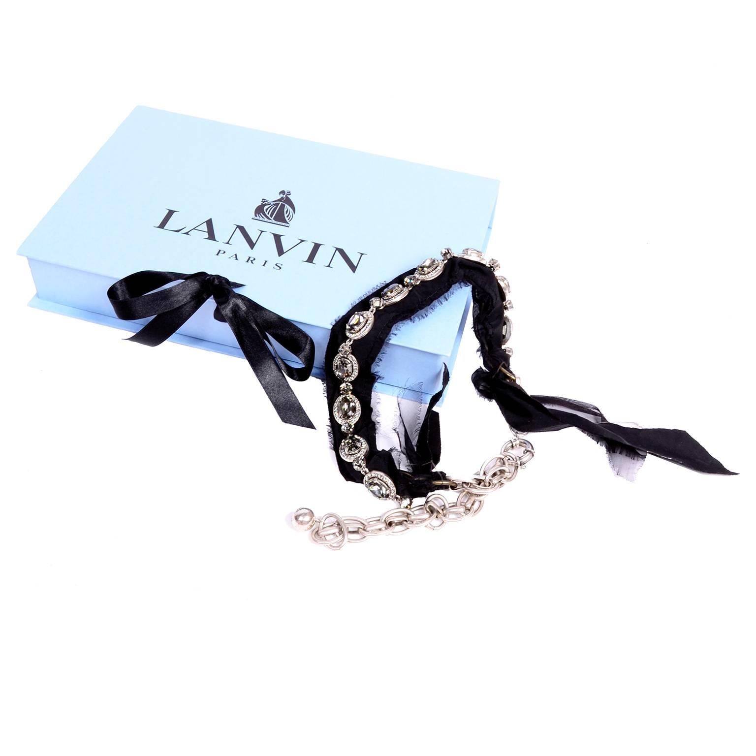 Lanvin Ribbon Necklace W Smokey Crystal Faceted Stones New in Original Box 7