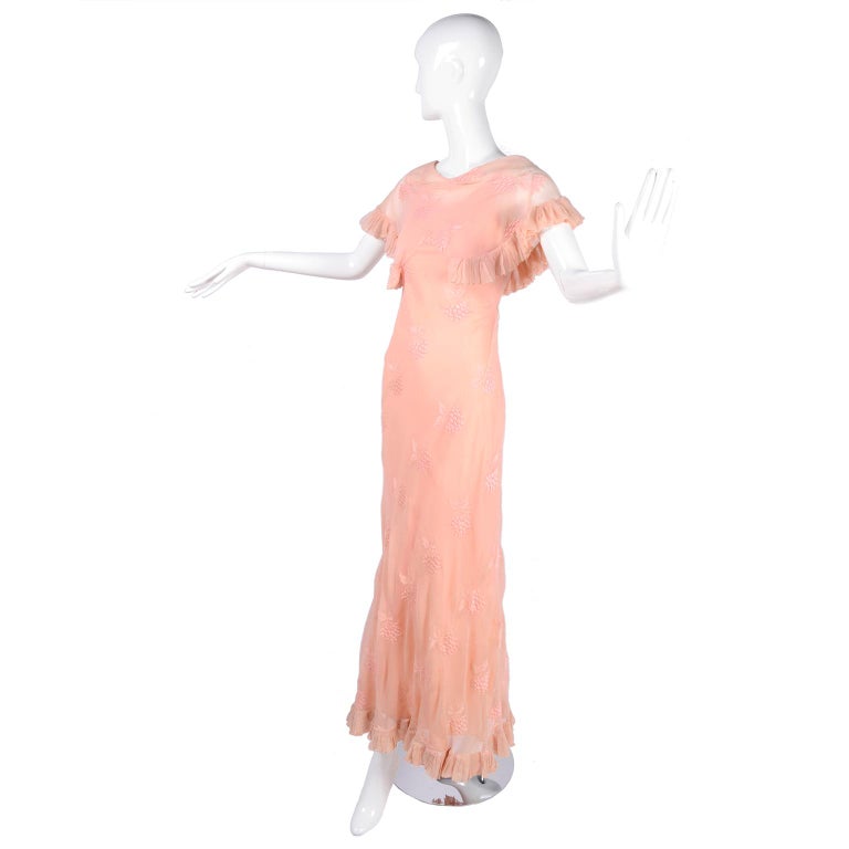 Vintage Bias Cut 1930s Dress With Embroidery in Pink Silk Chiffon at ...