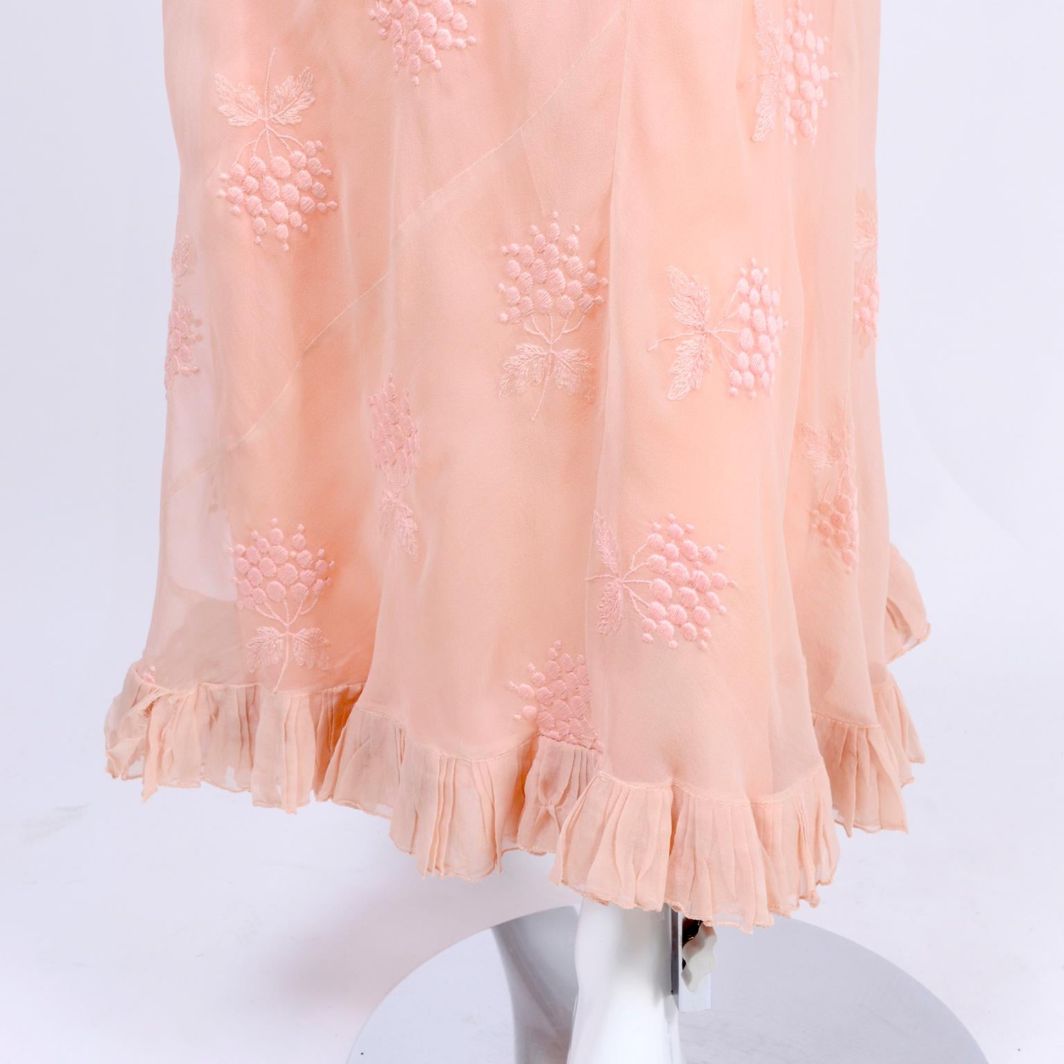 Women's Vintage Bias Cut 1930s Dress With Embroidery in Pink Silk Chiffon 