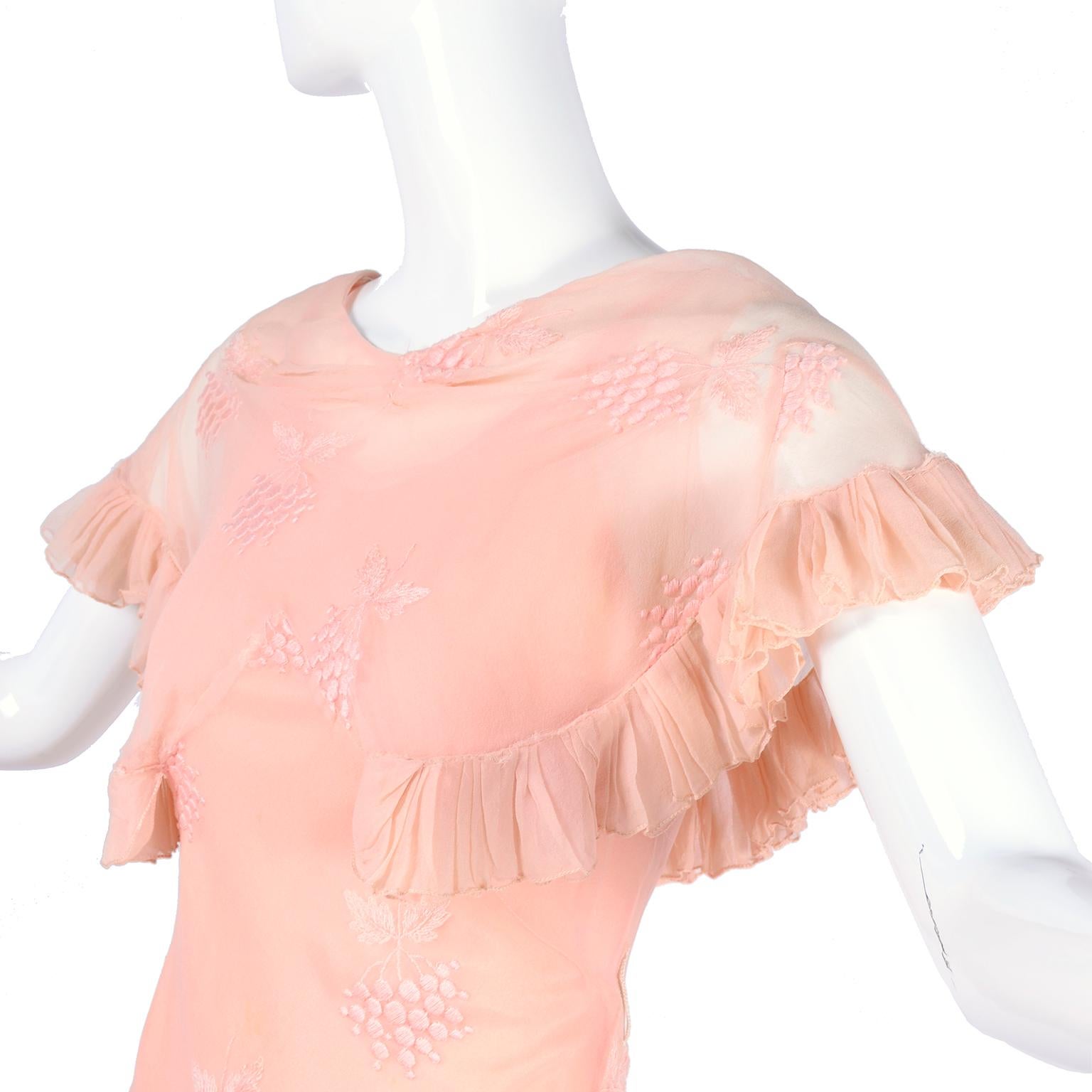 Vintage Bias Cut 1930s Dress With Embroidery in Pink Silk Chiffon  4