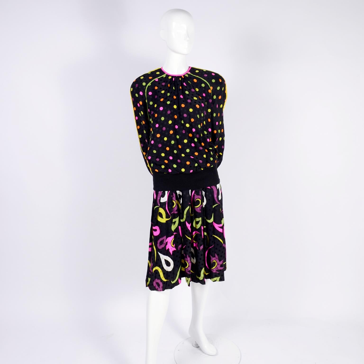 Black Julie Francis 1980s Silk Dress in Polka Dot Abstract Paisley Pattern Mix & Scarf