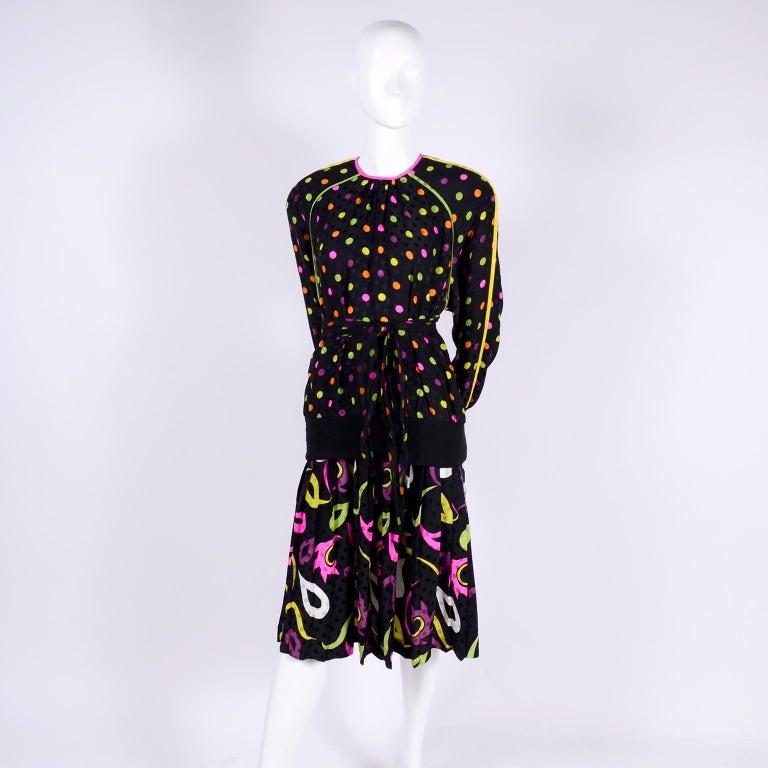 Julie Francis 1980s Silk Dress in Polka Dot Abstract Paisley Pattern ...