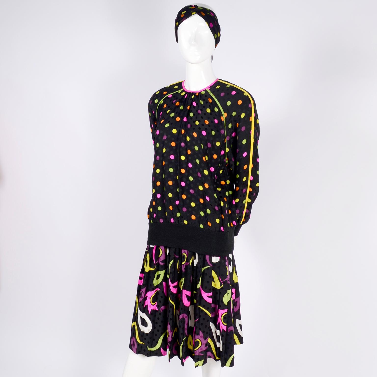Julie Francis 1980s Silk Dress in Polka Dot Abstract Paisley Pattern Mix & Scarf 5