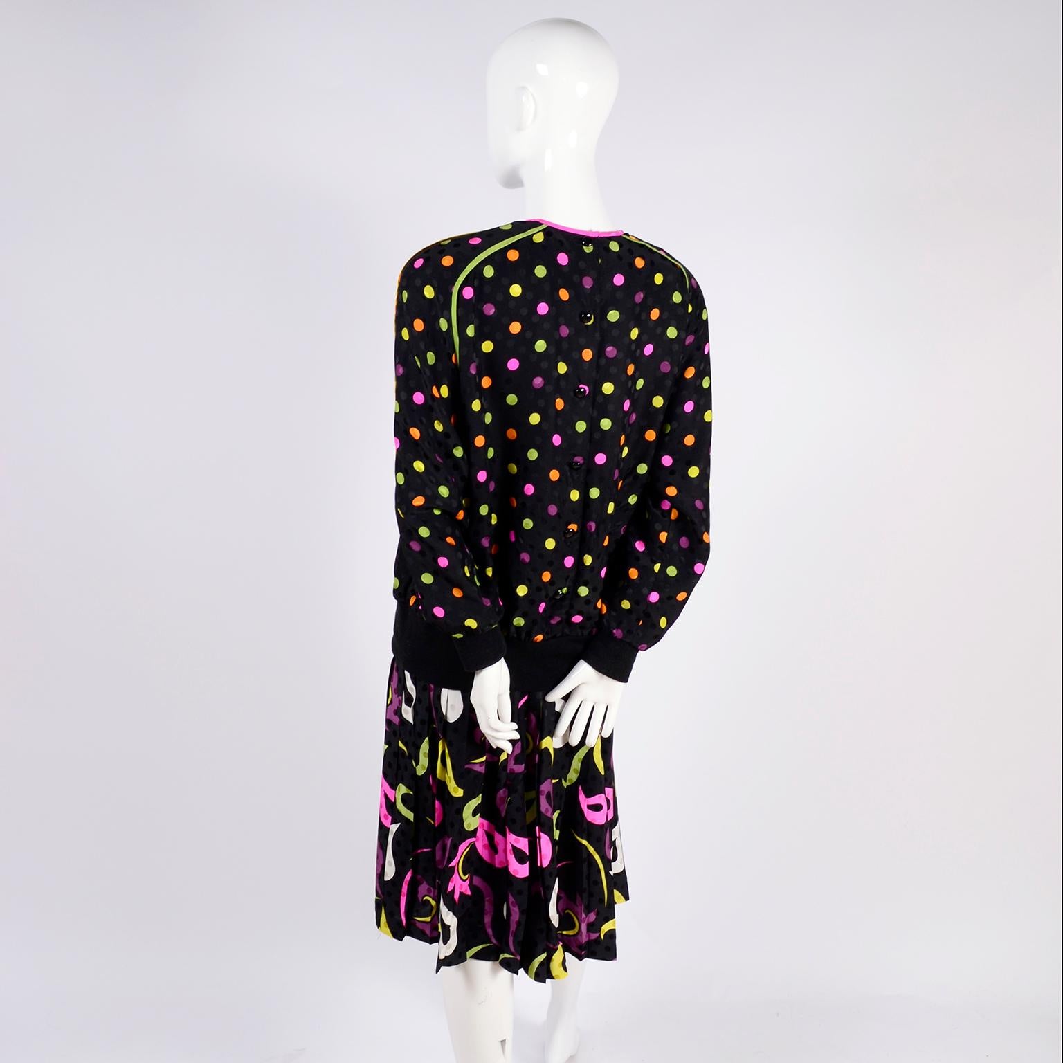 Julie Francis 1980s Silk Dress in Polka Dot Abstract Paisley Pattern Mix & Scarf 2