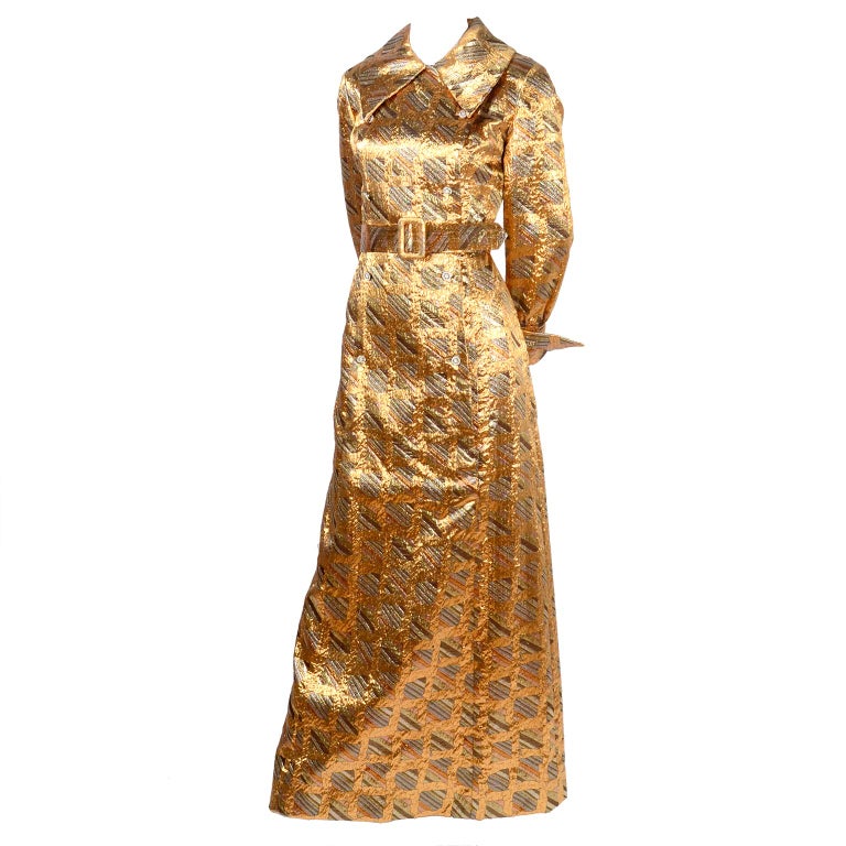 Dynasty Gold and Silver Metallic Vintage Dress With Belt at 1stDibs