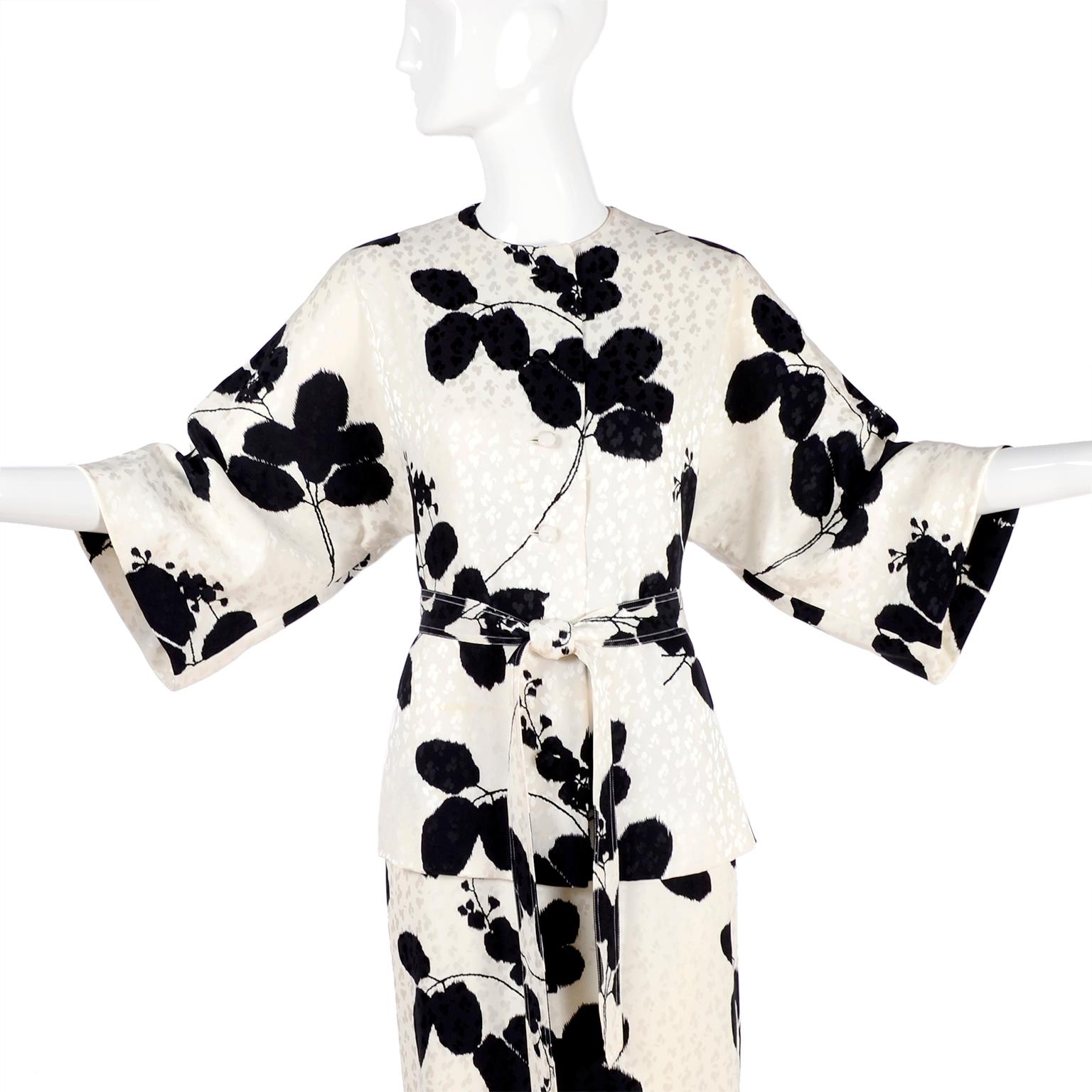I Magnin Silk Dress 2 Pc Black & Ivory Graphic Floral Print Kimono Sleeves 2