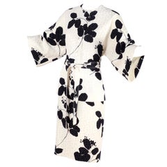 I Magnin Silk Dress 2 Pc Black & Ivory Graphic Floral Print Kimono Sleeves